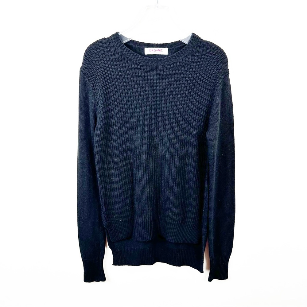 Organic by John Patrick Black Rib Knit Hi-Lo Round Neck Sweater